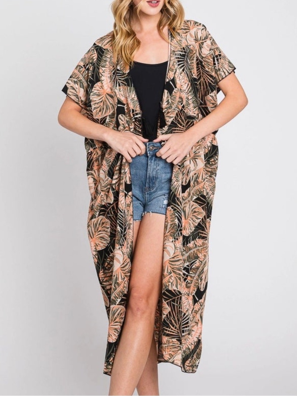 STYLINE Tropical Print Lightweight Kimono Duster - Peach/Black ONESIZE